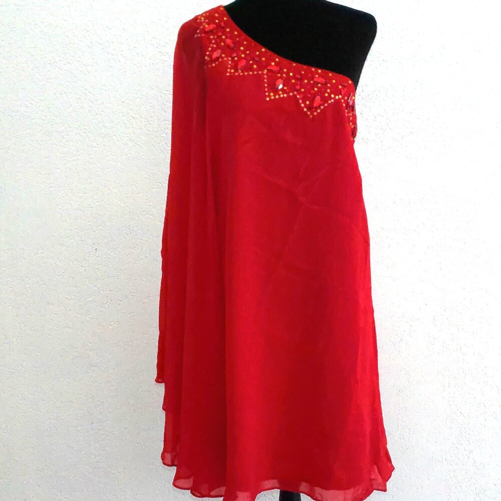 Marineblu, Red one shoulder embellished top, with sequins / rhinestone design